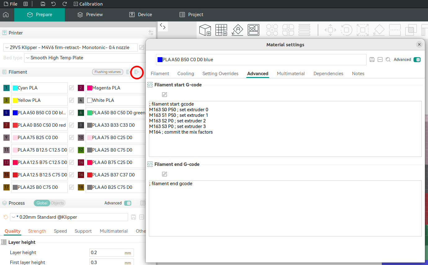 adding filament and specifying mix ratio